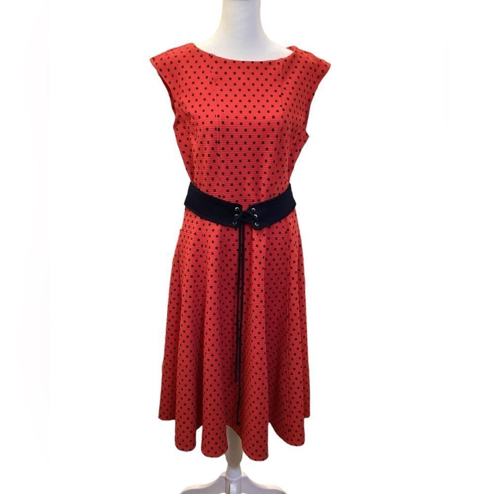 Vintage-Inspired Red Polka Dot Dress with Navy Belt Retro Rockabilly Style‎
